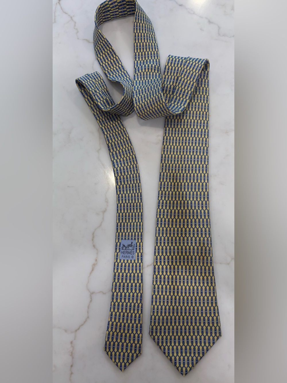 Hermès Yellow and Blue Geometric Silk Tie with Logo
